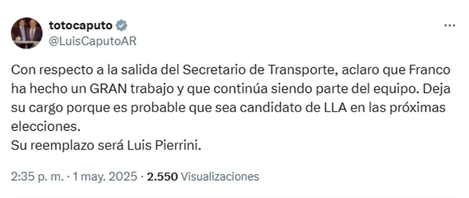 Javier Milei desplazó a Franco Mogetta de la Secretaría de Transporte