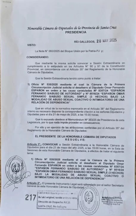  La convocatoria a extraordinaria por el desafuero de Españón.