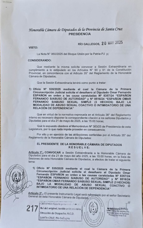  La convocatoria a extraordinaria por el desafuero de Españón.