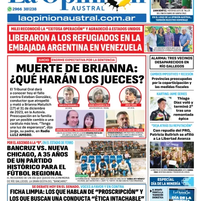 Tapa del Diario La Opinión Austral edición impresa del miércoles 7 de mayo de 2025, Río Gallegos, Santa Cruz, Argentina