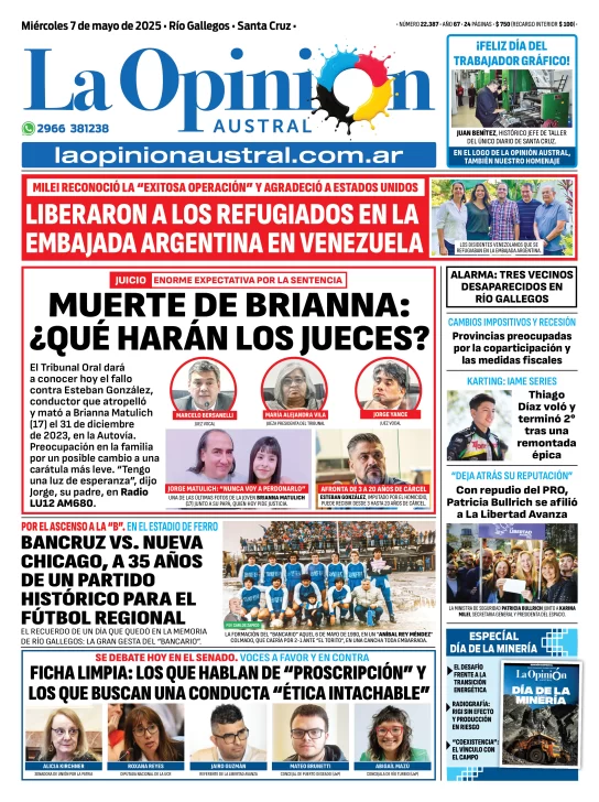 Tapa del Diario La Opinión Austral edición impresa del miércoles 7 de mayo de 2025, Río Gallegos, Santa Cruz, Argentina