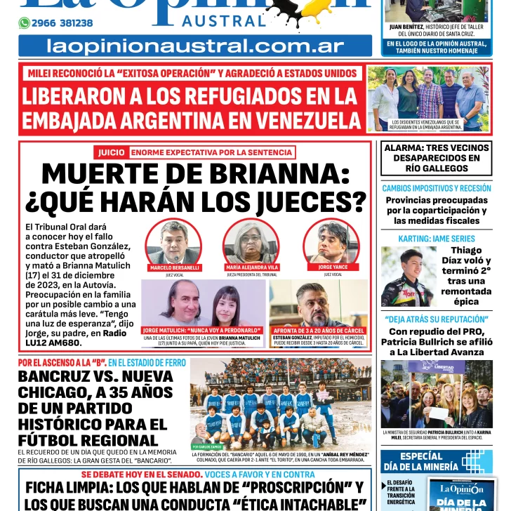 Tapa del Diario La Opinión Austral edición impresa del miércoles 7 de mayo de 2025, Río Gallegos, Santa Cruz, Argentina