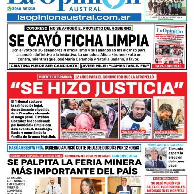 Tapa del Diario La Opinión Austral edición impresa del jueves 8 de mayo de 2025, Río Gallegos, Santa Cruz, Argentina