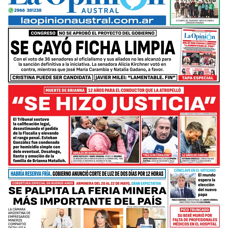 Tapa del Diario La Opinión Austral edición impresa del jueves 8 de mayo de 2025, Río Gallegos, Santa Cruz, Argentina
