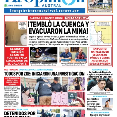 Tapa del Diario La Opinión Austral edición impresa del martes 13 de mayo de 2025, Río Gallegos, Santa Cruz, Argentina