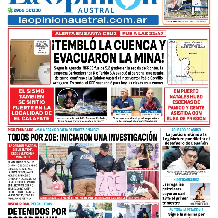 Tapa del Diario La Opinión Austral edición impresa del martes 13 de mayo de 2025, Río Gallegos, Santa Cruz, Argentina