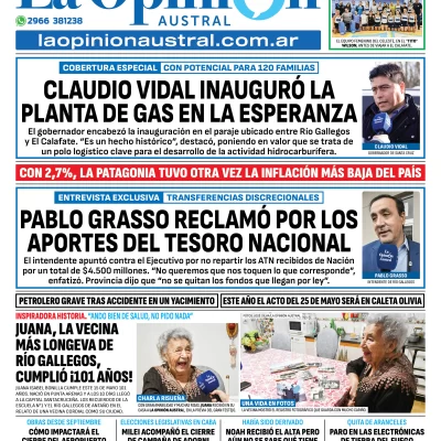 Tapa del Diario La Opinión Austral edición impresa del jueves 15 de mayo de 2025, Río Gallegos, Santa Cruz, Argentina
