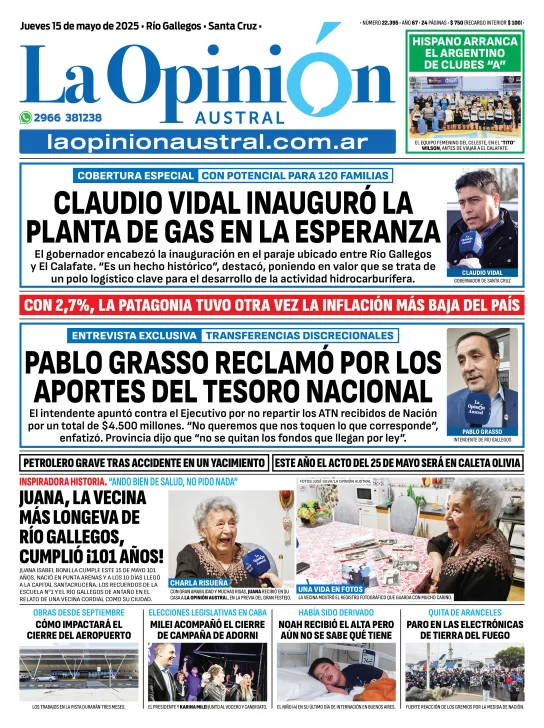 Tapa del Diario La Opinión Austral edición impresa del jueves 15 de mayo de 2025, Río Gallegos, Santa Cruz, Argentina