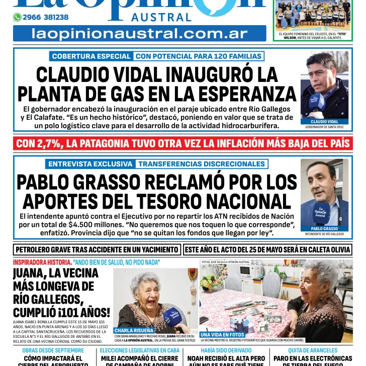 Tapa del Diario La Opinión Austral edición impresa del jueves 15 de mayo de 2025, Río Gallegos, Santa Cruz, Argentina