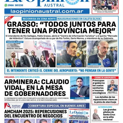Tapa del Diario La Opinión Austral edición impresa del martes 20 de mayo de 2025, Río Gallegos, Santa Cruz, Argentina