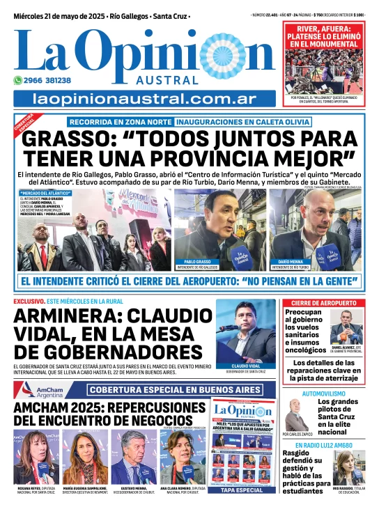 Tapa del Diario La Opinión Austral edición impresa del martes 20 de mayo de 2025, Río Gallegos, Santa Cruz, Argentina
