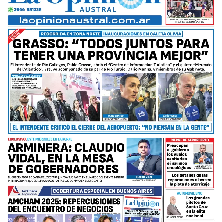Tapa del Diario La Opinión Austral edición impresa del martes 20 de mayo de 2025, Río Gallegos, Santa Cruz, Argentina