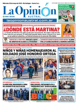 Tapa del Diario La Opinión Austral edición impresa del miércoles 28 de mayo de 2025, Río Gallegos, Santa Cruz, Argentina