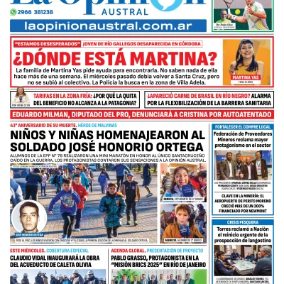 Tapa del Diario La Opinión Austral edición impresa del miércoles 28 de mayo de 2025, Río Gallegos, Santa Cruz, Argentina