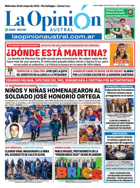 Tapa del Diario La Opinión Austral edición impresa del miércoles 28 de mayo de 2025, Río Gallegos, Santa Cruz, Argentina