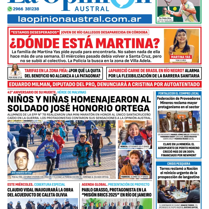 Tapa del Diario La Opinión Austral edición impresa del miércoles 28 de mayo de 2025, Río Gallegos, Santa Cruz, Argentina