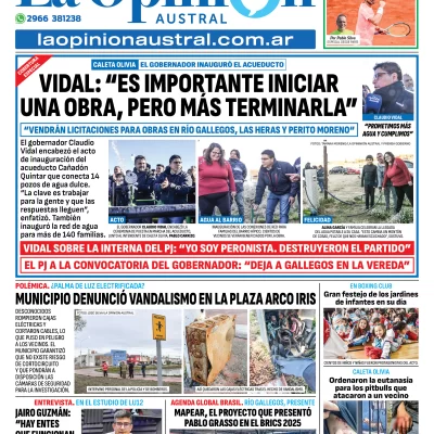 Tapa del Diario La Opinión Austral edición impresa del jueves 29 de mayo de 2025, Río Gallegos, Santa Cruz, Argentina