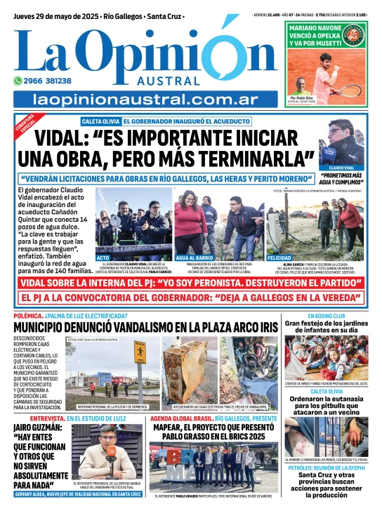 Tapa del Diario La Opinión Austral edición impresa del jueves 29 de mayo de 2025, Río Gallegos, Santa Cruz, Argentina
