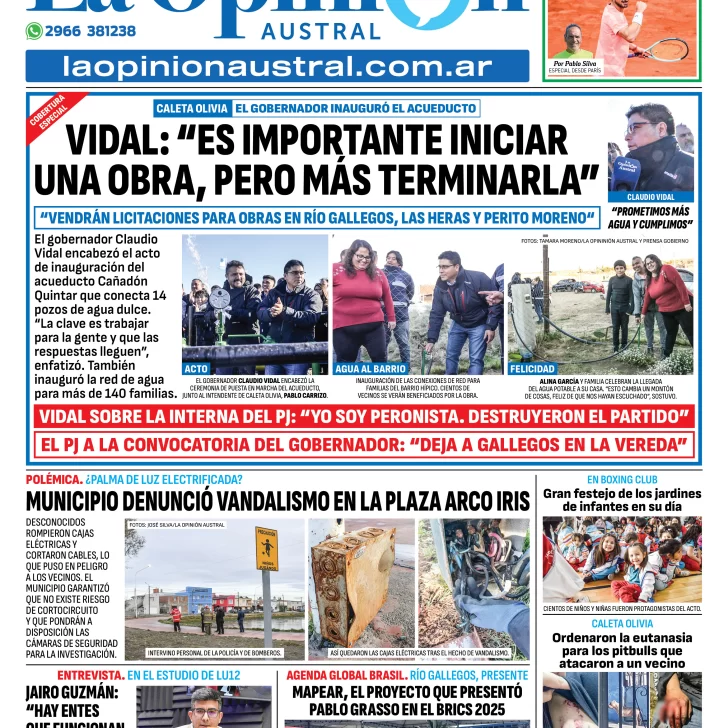 Tapa del Diario La Opinión Austral edición impresa del jueves 29 de mayo de 2025, Río Gallegos, Santa Cruz, Argentina