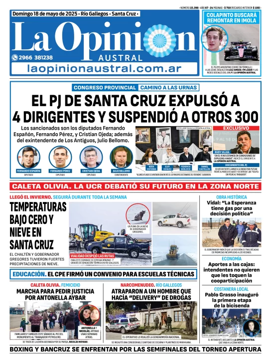 Tapa del Diario La Opinión Austral edición impresa del domingo 18 de mayo de 2025, Río Gallegos, Santa Cruz, Argentina