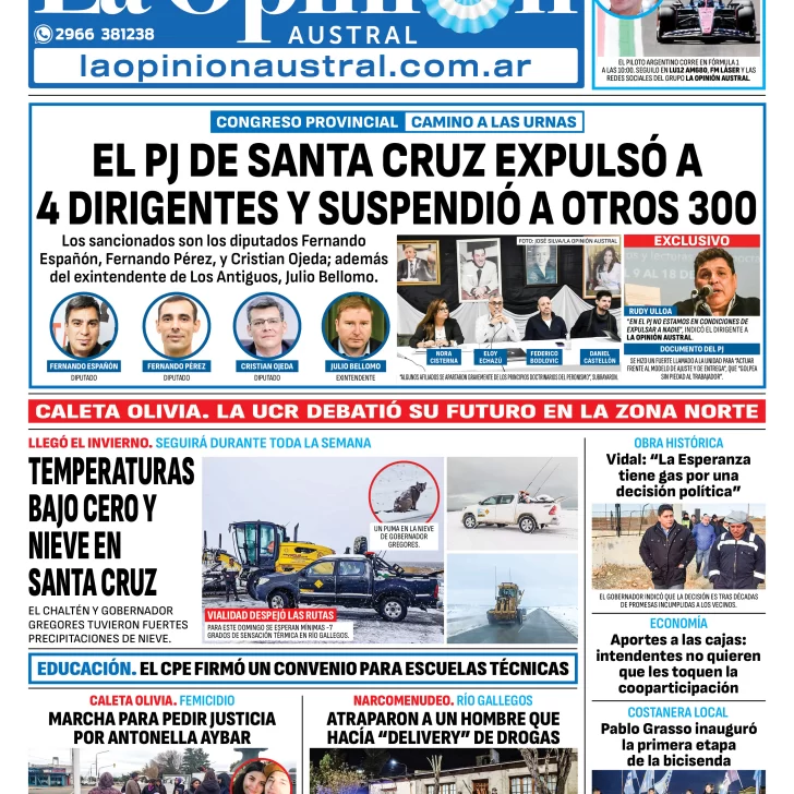 Tapa del Diario La Opinión Austral edición impresa del domingo 18 de mayo de 2025, Río Gallegos, Santa Cruz, Argentina
