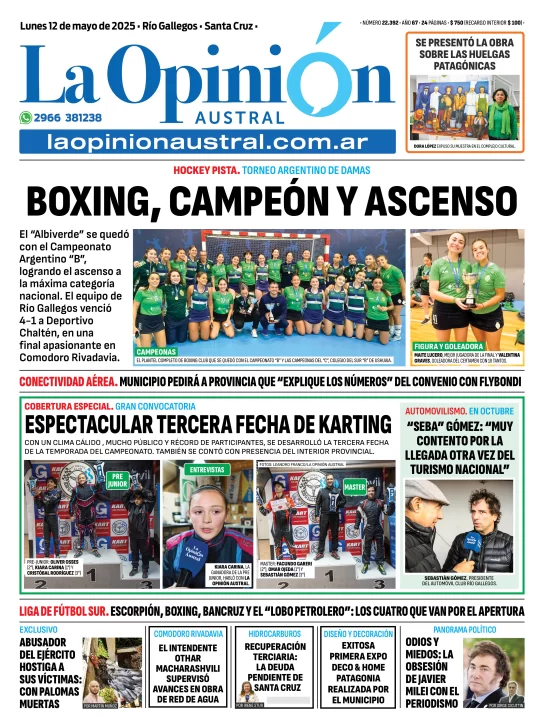 Tapa del Diario La Opinión Austral edición impresa del lunes 12 de mayo de 2025, Río Gallegos, Santa Cruz, Argentina