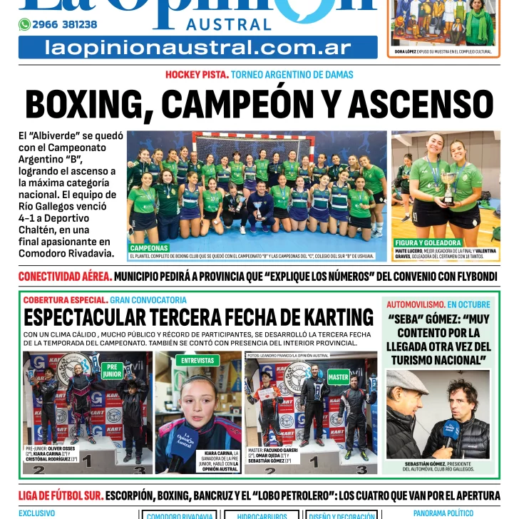 Tapa del Diario La Opinión Austral edición impresa del lunes 12 de mayo de 2025, Río Gallegos, Santa Cruz, Argentina