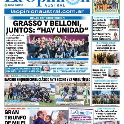 Tapa del Diario La Opinión Austral edición impresa del lunes 19 de mayo de 2025, Río Gallegos, Santa Cruz, Argentina