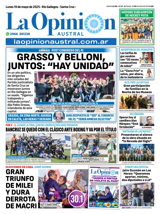 Tapa del Diario La Opinión Austral edición impresa del lunes 19 de mayo de 2025, Río Gallegos, Santa Cruz, Argentina