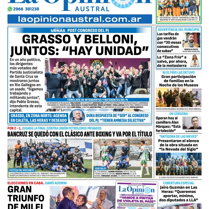 Tapa del Diario La Opinión Austral edición impresa del lunes 19 de mayo de 2025, Río Gallegos, Santa Cruz, Argentina Tapa del Diario La Opinión Austral edición impresa del lunes 19 de mayo de 2025, Río Gallegos, Santa Cruz, Argentina