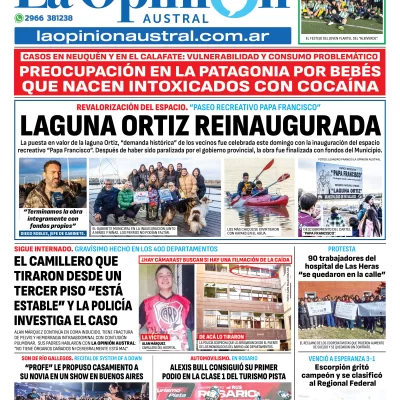 Tapa del Diario La Opinión Austral edición impresa del lunes 5 de mayo de 2025, Río Gallegos, Santa Cruz, Argentina