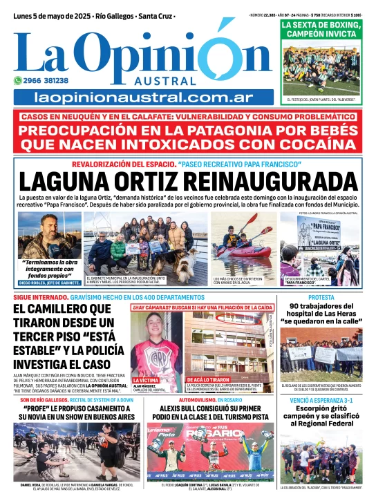 Tapa del Diario La Opinión Austral edición impresa del lunes 5 de mayo de 2025, Río Gallegos, Santa Cruz, Argentina