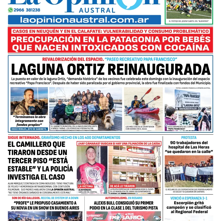 Tapa del Diario La Opinión Austral edición impresa del lunes 5 de mayo de 2025, Río Gallegos, Santa Cruz, Argentina