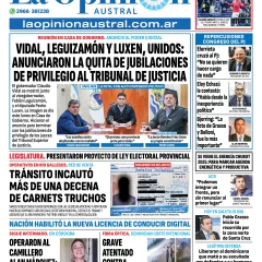 Tapa del Diario La Opinión Austral edición impresa del martes 20 de mayo de 2025, Río Gallegos, Santa Cruz, Argentina