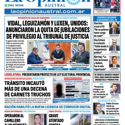 Tapa del Diario La Opinión Austral edición impresa del martes 20 de mayo de 2025, Río Gallegos, Santa Cruz, Argentina Tapa del Diario La Opinión Austral edición impresa del martes 20 de mayo de 2025, Río Gallegos, Santa Cruz, Argentina