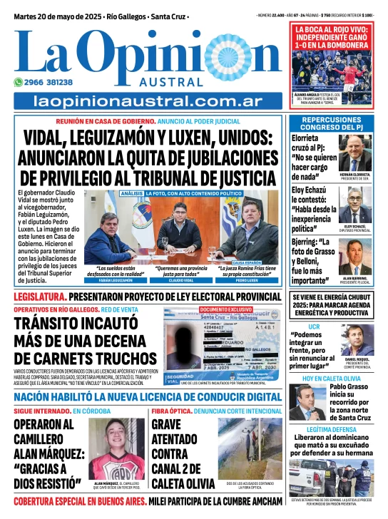 Tapa del Diario La Opinión Austral edición impresa del martes 20 de mayo de 2025, Río Gallegos, Santa Cruz, Argentina