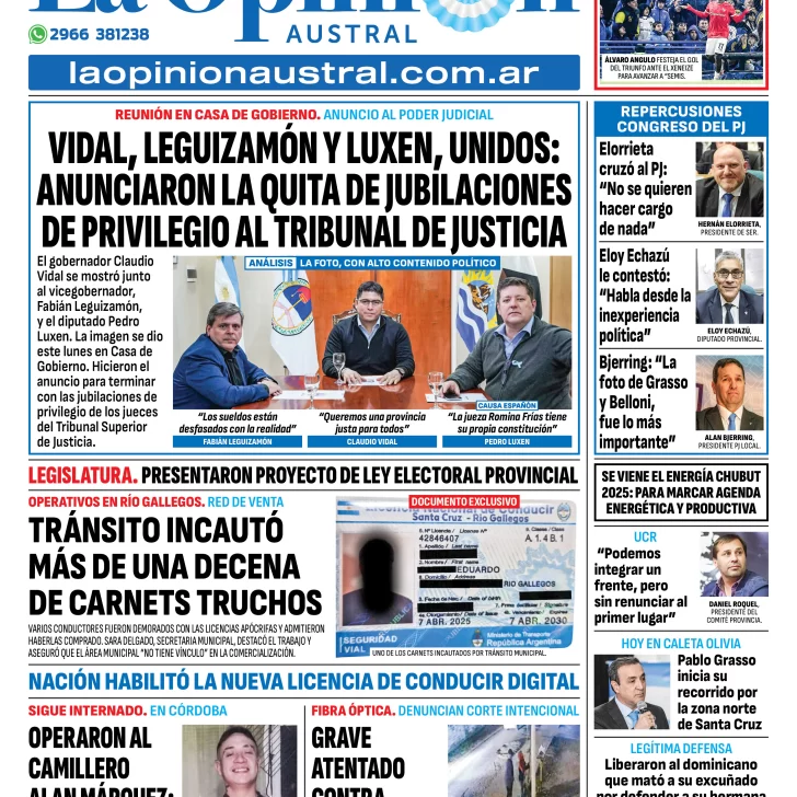 Tapa del Diario La Opinión Austral edición impresa del martes 20 de mayo de 2025, Río Gallegos, Santa Cruz, Argentina