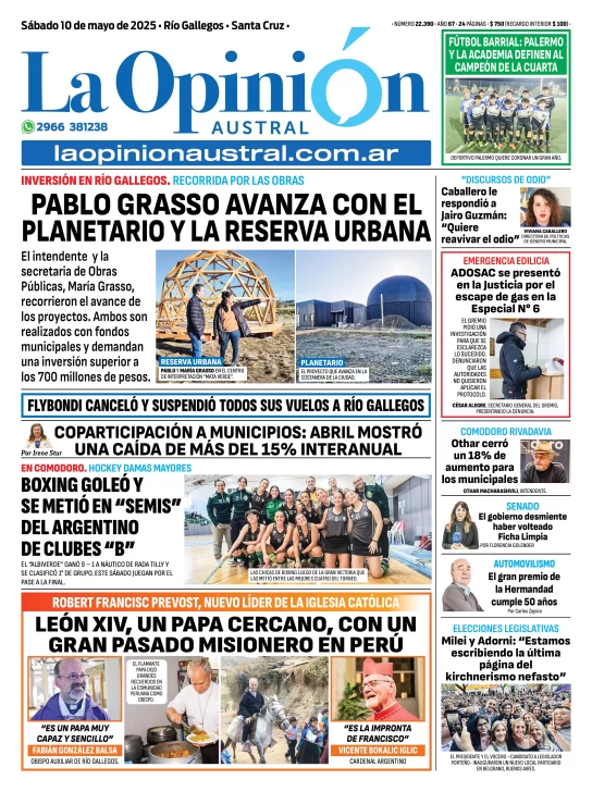 Tapa del Diario La Opinión Austral edición impresa del sábado 10 de mayo de 2025, Río Gallegos, Santa Cruz, Argentina