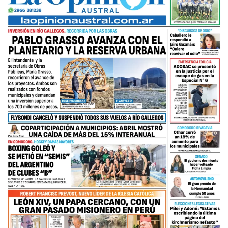 Tapa del Diario La Opinión Austral edición impresa del sábado 10 de mayo de 2025, Río Gallegos, Santa Cruz, Argentina