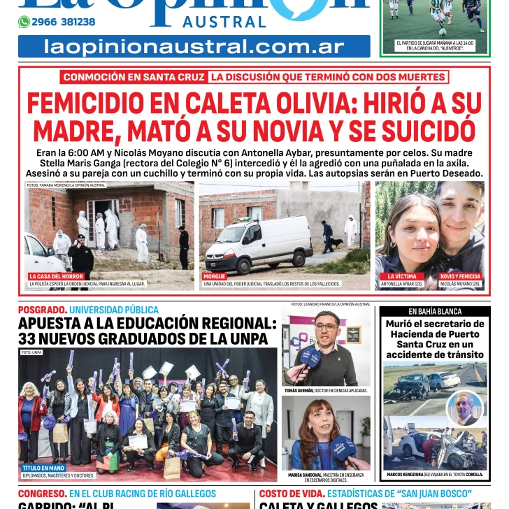 Tapa del Diario La Opinión Austral edición impresa del sábado 17 de mayo de 2025, Río Gallegos, Santa Cruz, Argentina