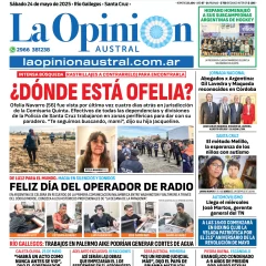 Tapa del Diario La Opinión Austral edición impresa del sábado 24 de mayo de 2025, Río Gallegos, Santa Cruz, Argentina