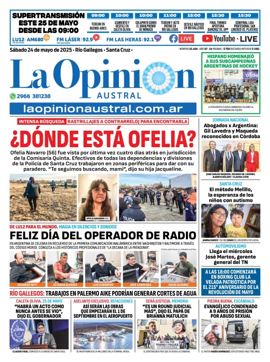 Tapa del Diario La Opinión Austral edición impresa del sábado 24 de mayo de 2025, Río Gallegos, Santa Cruz, Argentina