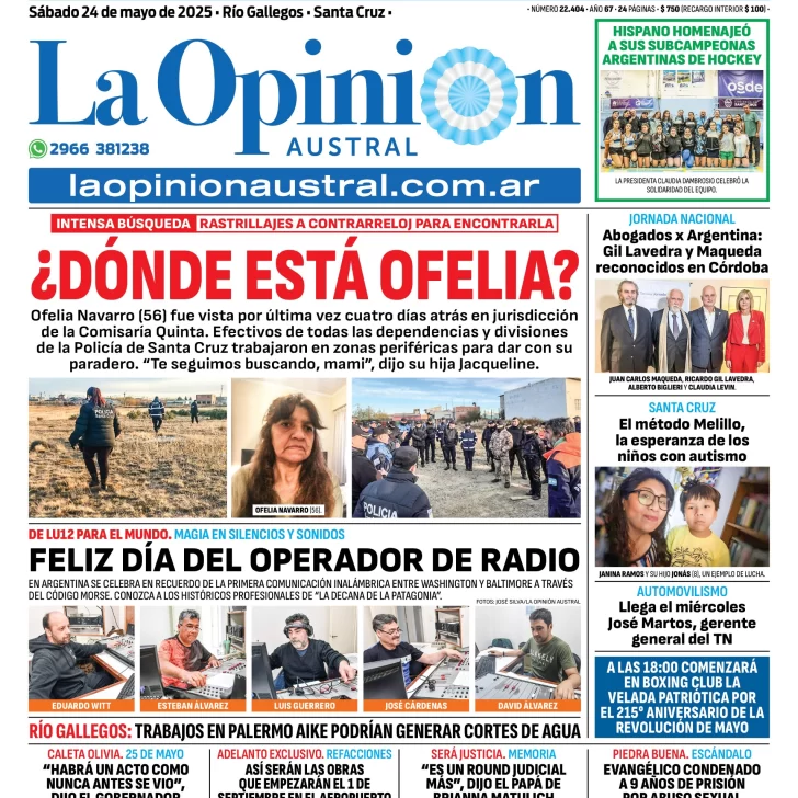 Tapa del Diario La Opinión Austral edición impresa del sábado 24 de mayo de 2025, Río Gallegos, Santa Cruz, Argentina