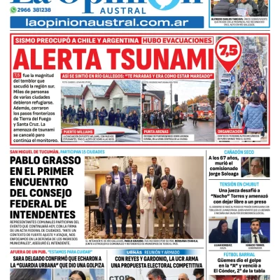 Tapa del Diario La Opinión Austral edición impresa del sábado 3 de mayo de 2025, Río Gallegos, Santa Cruz, Argentina