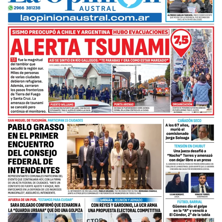 Tapa del Diario La Opinión Austral edición impresa del sábado 3 de mayo de 2025, Río Gallegos, Santa Cruz, Argentina