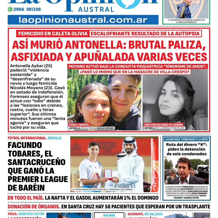 Tapa del Diario La Opinión Austral edición impresa del sábado 31 de mayo de 2025, Río Gallegos, Santa Cruz, Argentina