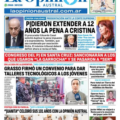 Tapa del Diario La Opinión Austral edición impresa del viernes 16 de mayo de 2025, Río Gallegos, Santa Cruz, Argentina