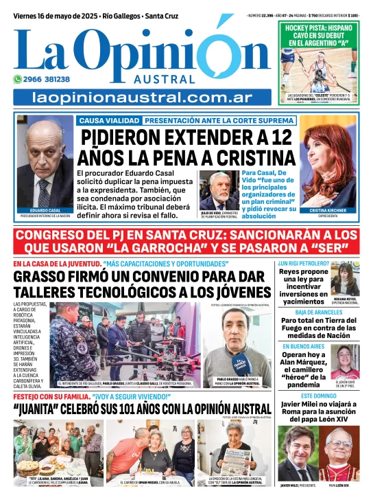 Tapa del Diario La Opinión Austral edición impresa del viernes 16 de mayo de 2025, Río Gallegos, Santa Cruz, Argentina