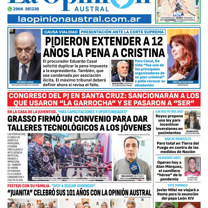 Tapa del Diario La Opinión Austral edición impresa del viernes 16 de mayo de 2025, Río Gallegos, Santa Cruz, Argentina