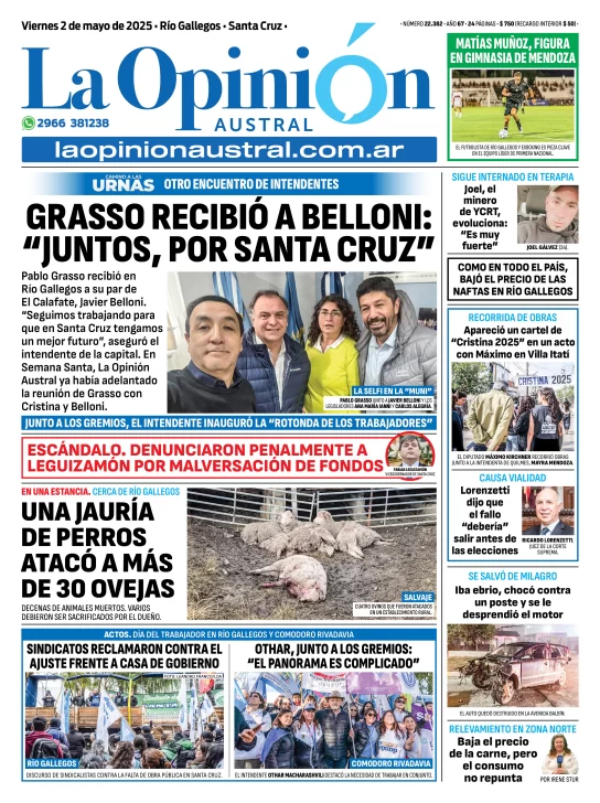 Tapa del Diario La Opinión Austral edición impresa del viernes 2 de mayo de 2025, Río Gallegos, Santa Cruz, Argentina